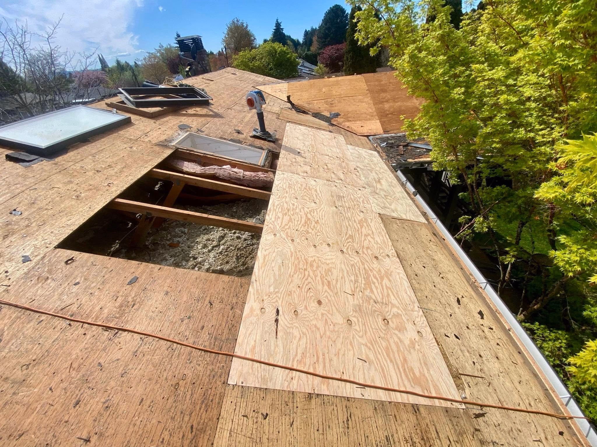 Roof under repair with plywood panels, exposed insulation, and roof vent, surrounded by trees and houses.