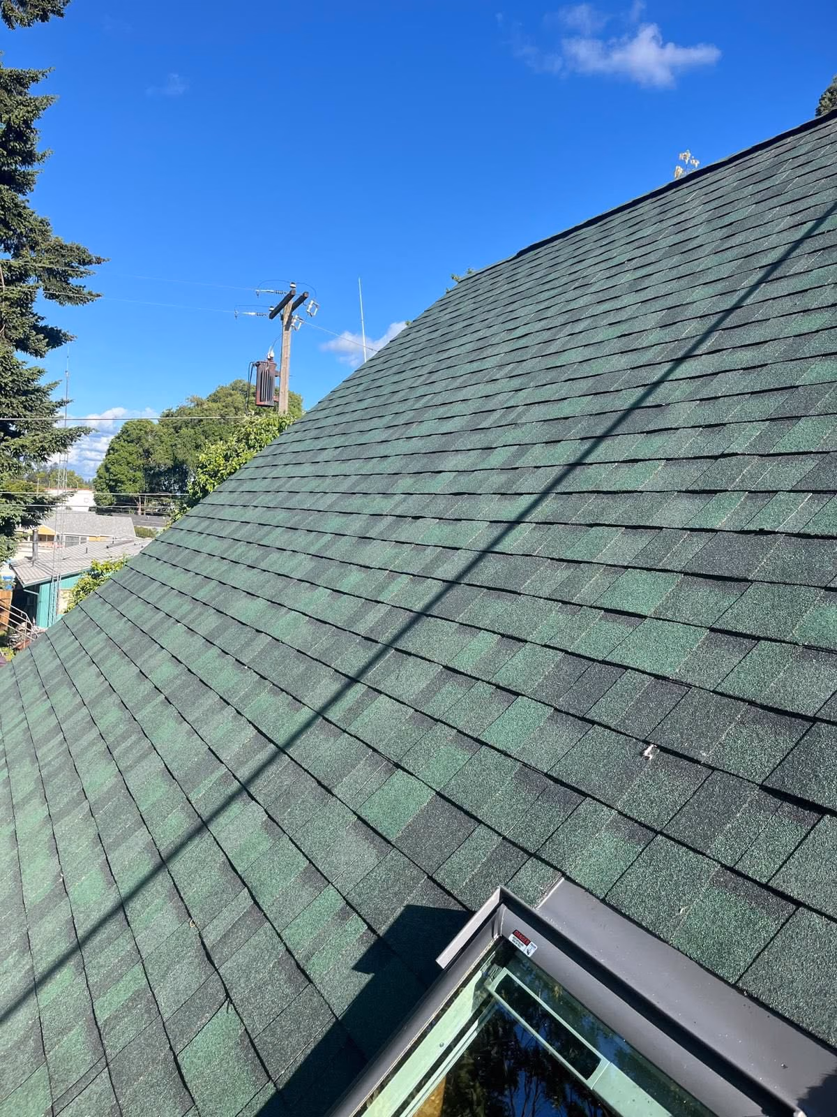 Green shingled roof with a skylight and clear blue sky above.
