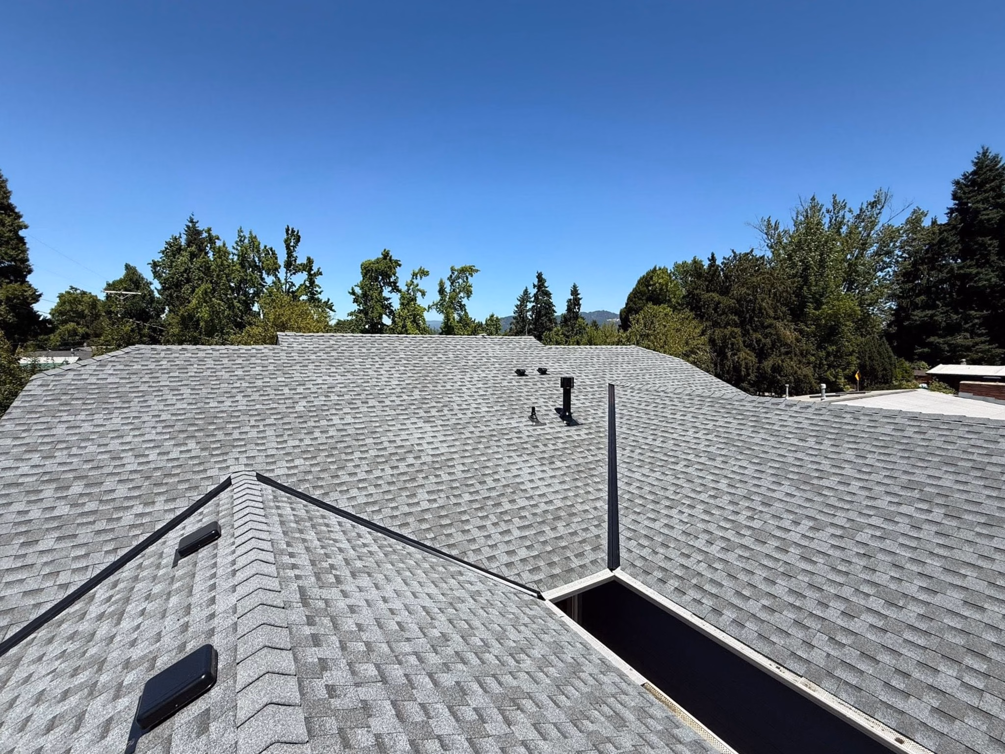 Gray shingled roof with vents and a clear blue sky above surrounded by green trees.
